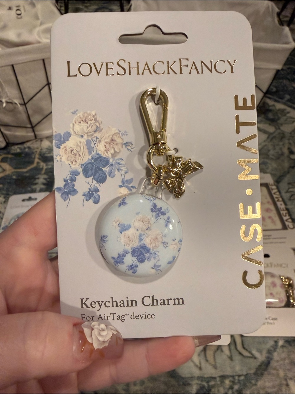 LoveShackFancy Blue & Cream Floral AirTag Keychain Charm NWT